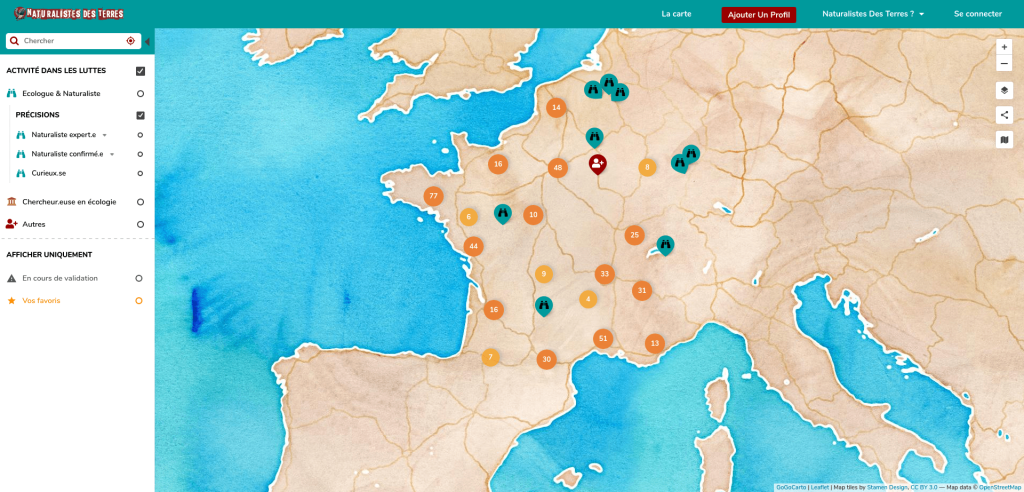 Capture d'écran de la carte des Naturalistes des Terres
Lien vers: https://naturalistesdesterres.gogocarto.fr/