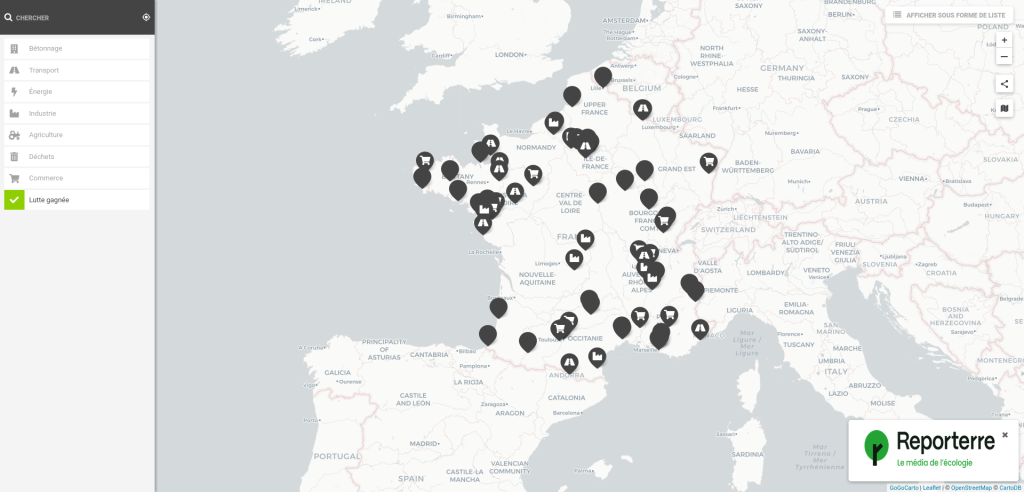 Capture d'écran de la carte des luttes locales
Lien vers: https://lutteslocales.gogocarto.fr/annuaire#/carte/@46.33,2.50,6z?cat=all@j