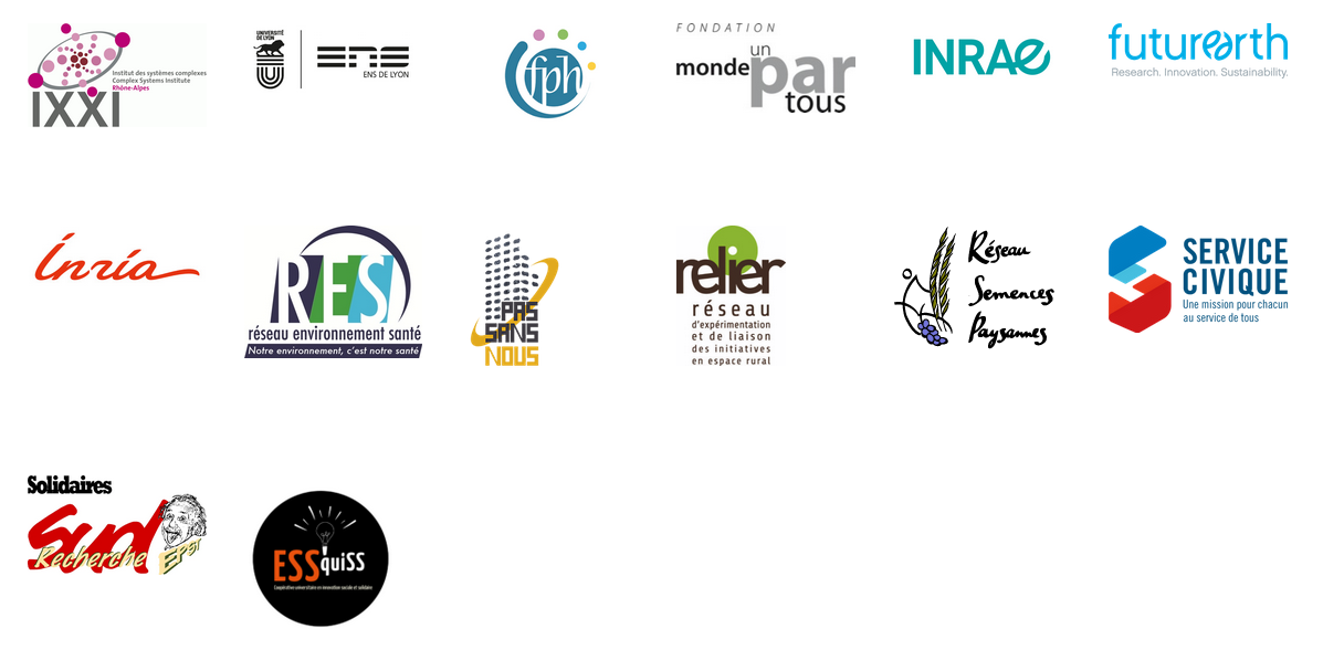 Liste des partenaires de l'organisation des Jeser 2 avec leurs logos : Ixxi, ENS Lyon, Fondation pour le progr&egrave;s de l'homme, fondation un monde par tous, Irae, Future Earth, Inria, RES, Pas sans Nous, RELIER, R&eacute;seau semences paysannes, Agences du Service Civique, Sud Recherche, EssQuiSS